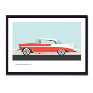 May include: Framed print of a classic 1956 Chevrolet Bel Air two-door hardtop. The car is depicted in a side profile with a red body and white roof. The wheels are white with chrome hubcaps, set against a light blue background.