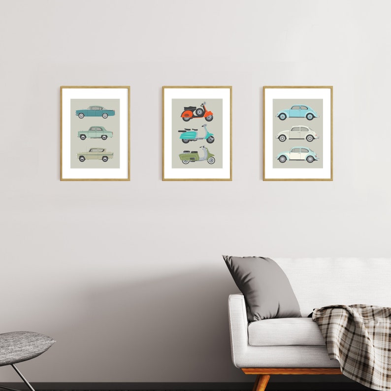 iconic retro VW Bug vehicle art Volkswagen car art classic car illustration for her 3 classic VW Beetles file neutral decor