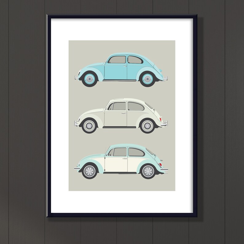 iconic retro VW Bug vehicle art Volkswagen car art classic car illustration for her 3 classic VW Beetles file neutral decor