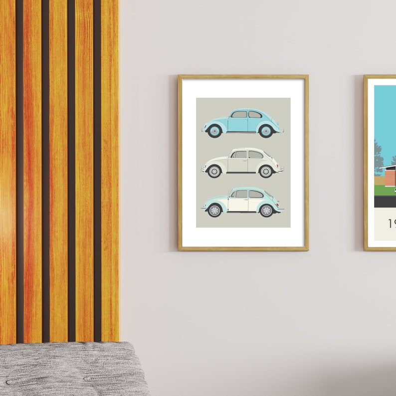 iconic retro VW Bug vehicle art Volkswagen car art classic car illustration for her 3 classic VW Beetles file neutral decor