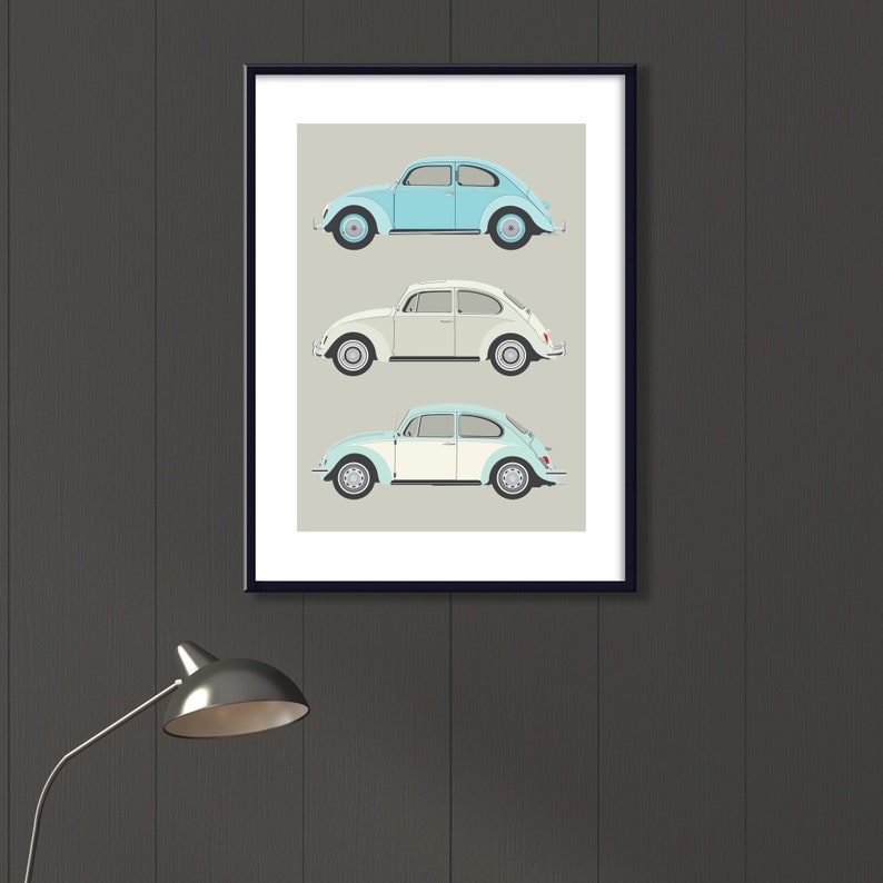iconic retro VW Bug vehicle art Volkswagen car art classic car illustration for her 3 classic VW Beetles file neutral decor