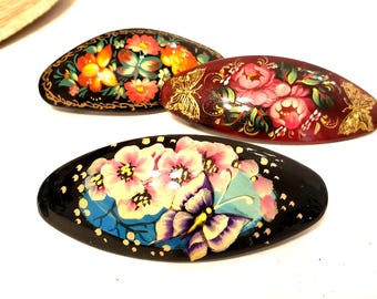 Hand-Painted Hair Clip with Flowers and Butterfly, Floral Style Wooden Barrette