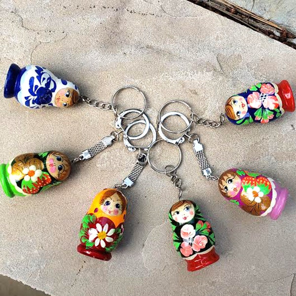 Hand Painted Keychain, Wood Matryoshka Nesting Russian Doll Shape Painted Backpack Charm, Key Chain, Purse Charm