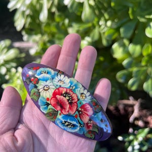 Handmade Floral Hair Clip, Hand-painted Poppy Barrette, Folk Art Style Hair Accessories Poppy / daisy purple