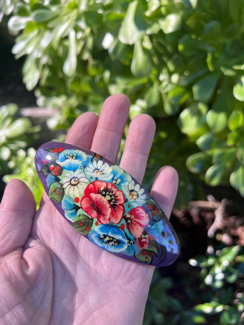 Handmade Floral Hair Clip, Hand-painted Poppy Barrette, Folk Art Style Hair Accessories Poppy / daisy purple