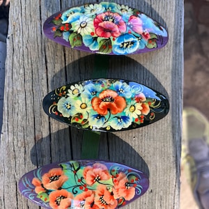 Handmade Floral Hair Clip, Hand-painted Poppy Barrette, Folk Art Style Hair Accessories image 1