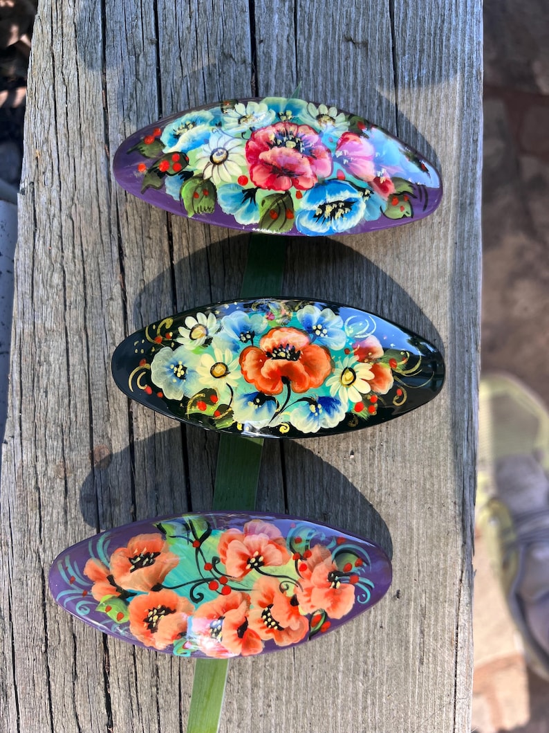Handmade Floral Hair Clip, Hand-painted Poppy Barrette, Folk Art Style Hair Accessories image 1