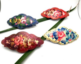 Hand Painted Floral Barrettes, Russian Folk Art Hair Clip