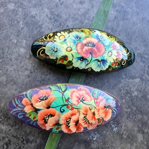 Handmade Floral Hair Clip, Hand-painted Poppy Barrette, Folk Art Style Hair Accessories image 11