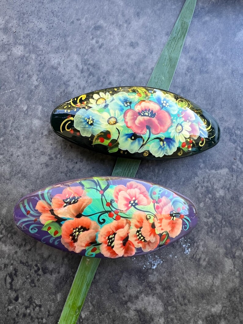 Handmade Floral Hair Clip, Hand-painted Poppy Barrette, Folk Art Style Hair Accessories image 11