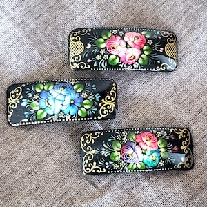 Traditional Barrette Hand Painted Flowers Hair Clip  Zhostovo Floral Style Hair Accessories, Mare in Russia