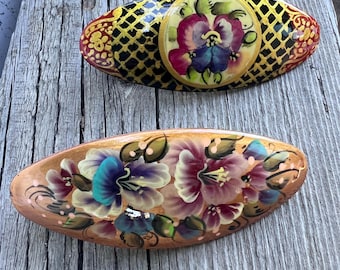 Hand Painted Floral Barrette, Folk Art Hair Clip