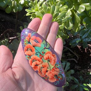 Handmade Floral Hair Clip, Hand-painted Poppy Barrette, Folk Art Style Hair Accessories image 8