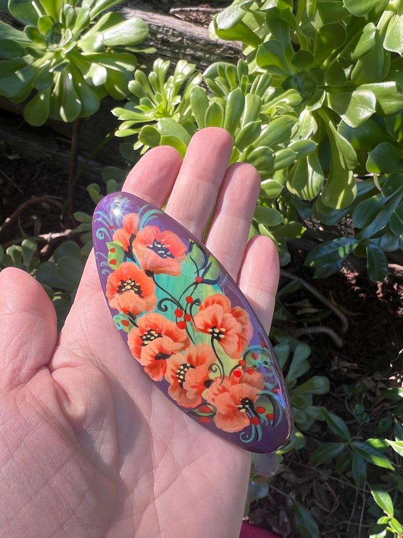 Handmade Floral Hair Clip, Hand-painted Poppy Barrette, Folk Art Style Hair Accessories image 8