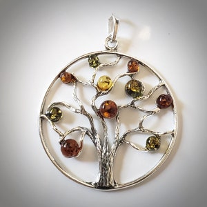 Tree of Life Sterling Silver Round Pendant with Multicolor Amber Leaf, Amber Jewelry Collection