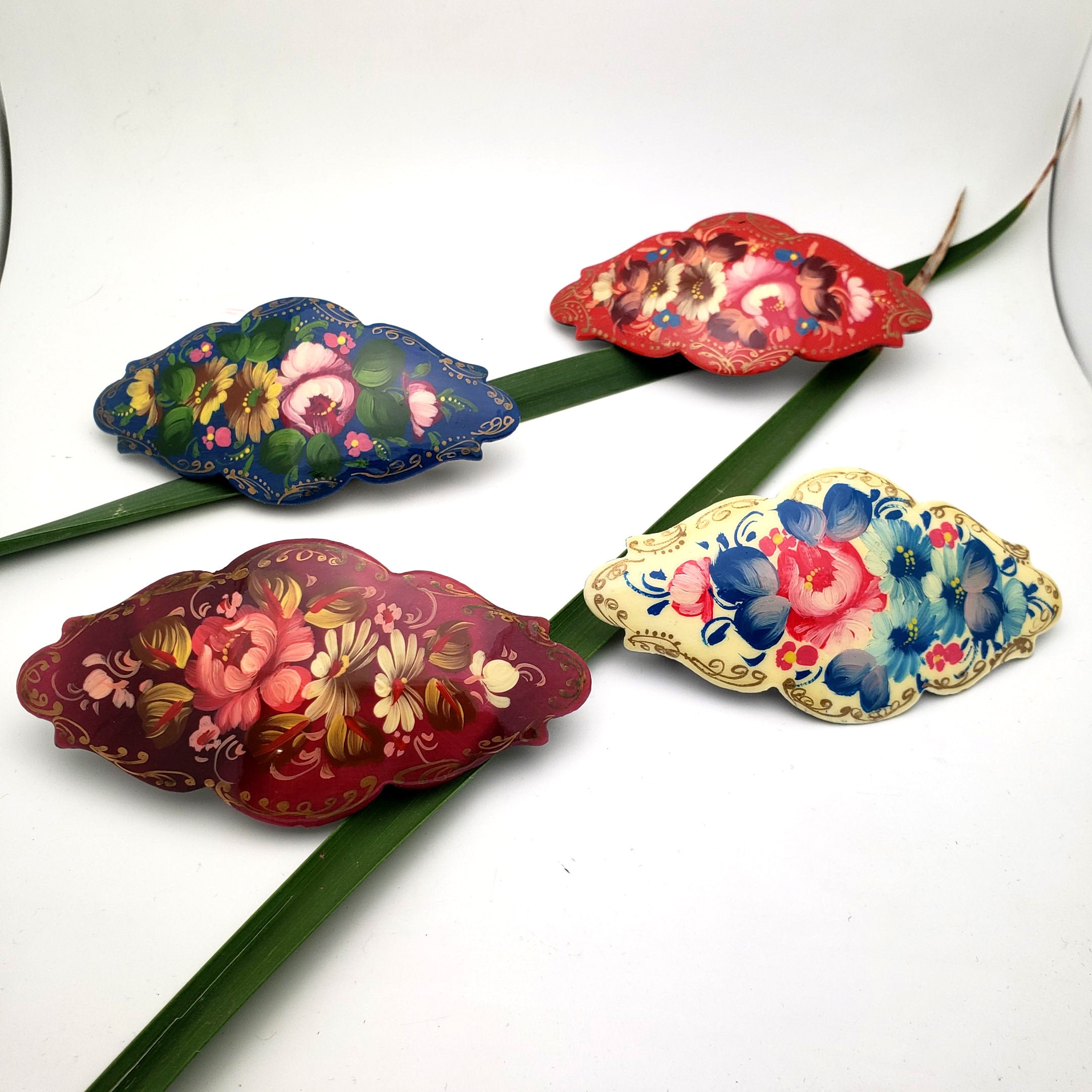 Barrettes Hand Painted With Bright Flowers, Black Hair Clip Zotovo