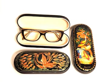 Hand-Painted Eyeglasses Case – Russian Lacquer Miniature – Firebird Design – Palekh/Kholui Style Art