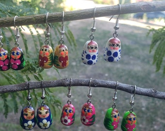 Hand Painted Matryoshka Russian Nesting Doll Earrings, Folk Art Jewelry, Handmade Colorful Dangle Earrings