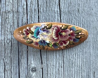Vintage Hair Barrette, Hand Painted Flowers, Lacquered Wood  display picture 1
