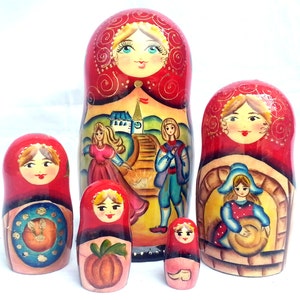Cinderella Fairy Tale Nesting Dolls Set,  Hand Painted Stacking Matryoshka Doll Set Collection