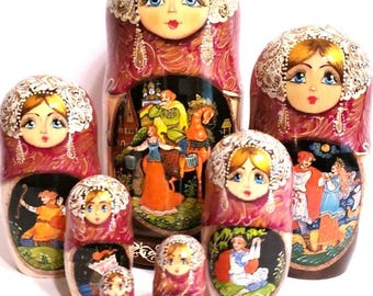 Pushkin Fairy Tale Nesting Dolls – 7 Piece Hand-Painted Russian Matryoshka Set, Literary Folk Art Gift