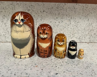 Cat and Kitten Nesting Doll Hand painted Set Gift for Cat Lovers