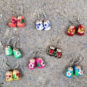 Cute Floral Hand Painted Earrings Russian Nesting Doll Style, Dangle Babushka Wood Earrings in many colors