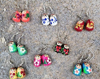 Cute Floral Hand Painted Earrings Russian Nesting Doll Style, Dangle Babushka Wood Earrings in many colors