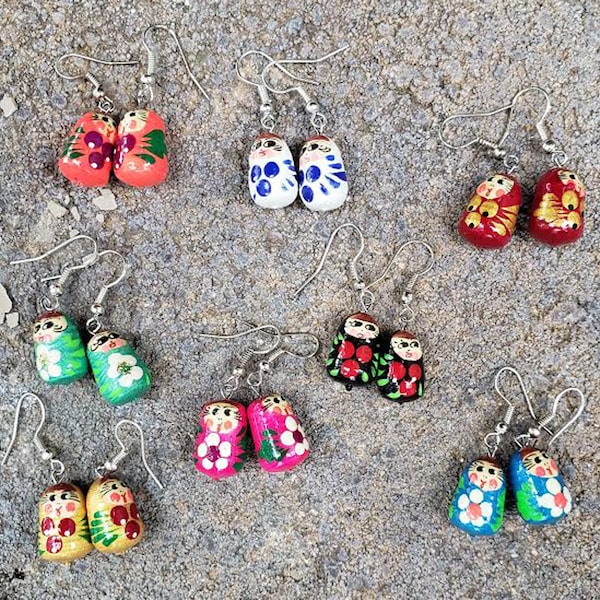 Cute Floral Hand Painted Earrings Russian Nesting Doll Style, Dangle Babushka Wood Earrings in many colors