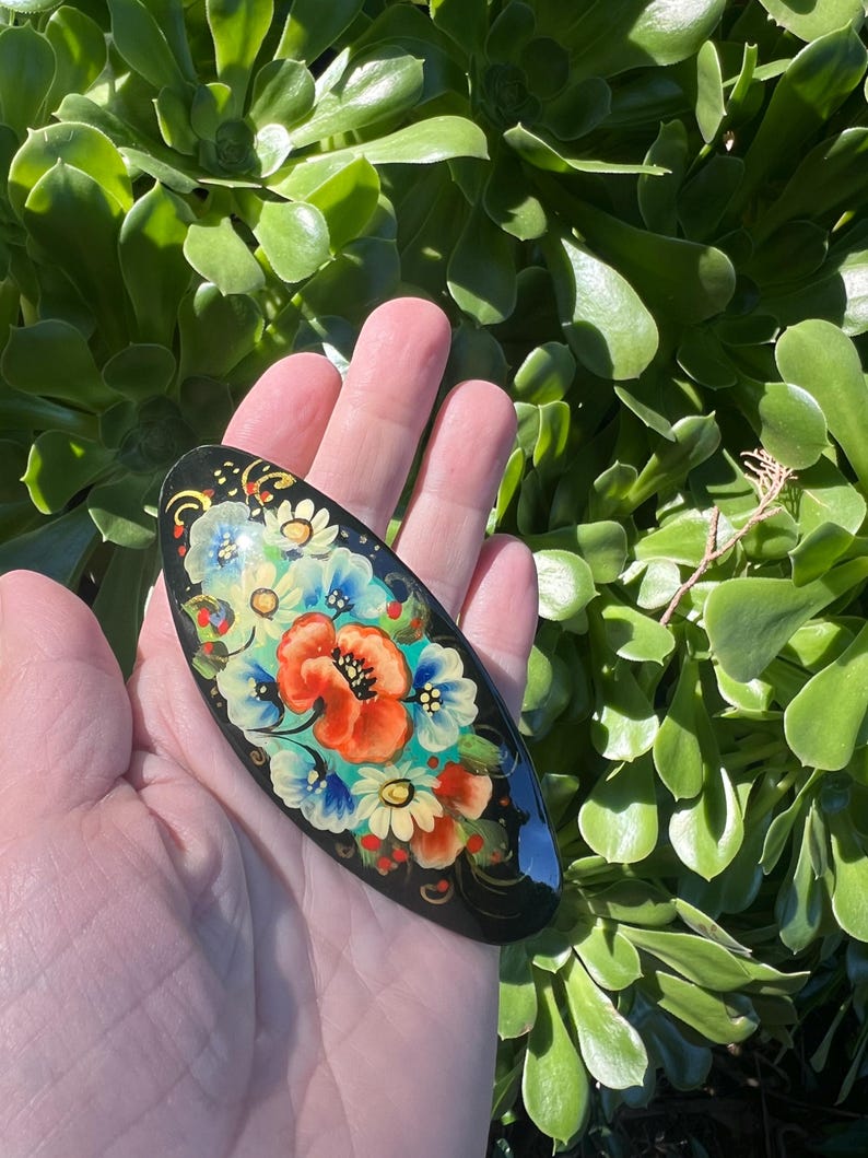 Handmade Floral Hair Clip, Hand-painted Poppy Barrette, Folk Art Style Hair Accessories image 9