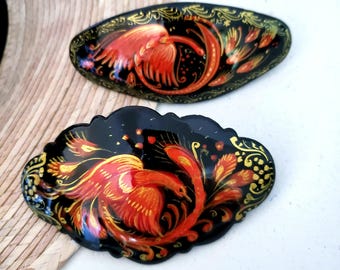 Firebird Barrette, Hand-Painted Fairy Tale Style Hair Clip, Hair Accessories, Russian Folk Art Palekh