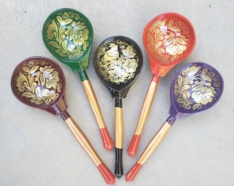 Hand Painted Wood Khokhloma Spoon, Kitchen and Home Decor Gift, Russian Wooden Traditional Spoon