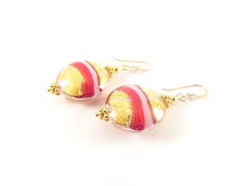 Missoni Striped Red and Gold Murano Glass Disc Earrings