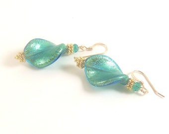 Green Murano Glass Twist Earrings in Gold Vermeil