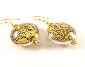 Cracked Gold Foil over Red Murano Glass Earrings