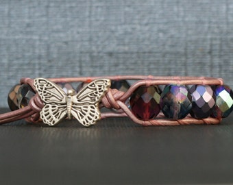 bohemian jewelry - butterfly jewelry - mixed pink and purple crystal on light pink leather single wrap bracelet - boho glam