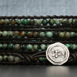 turquoise wrap bracelet- african green turquoise on black brown leather- beaded leather 5 wrap