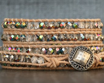 READY TO SHIP Naturleder und schillernden Kristall Wickelarmband - blonde Creme