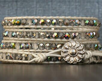 bright white leather and iridescent crystal wrap bracelet - cream - boho wedding gypsy bohemian