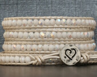 READY TO SHIP white crystal bracelet- white aurora borealis crystal on metallic bright white leather - boho wedding gypsy bohemian