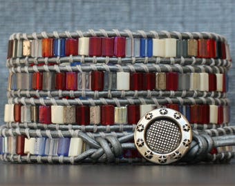 pulsera de envoltura patriótica- rojo blanco y azul en cuero de plata - joyería electoral - joyería militar - Día de los Caídos - 4 de julio