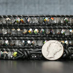 bohemian jewelry - wrap bracelet - pewter leather and clear iridescent crystal - grey gray silver
