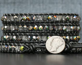 bohemian jewelry - wrap bracelet - pewter leather and clear iridescent crystal - grey gray silver