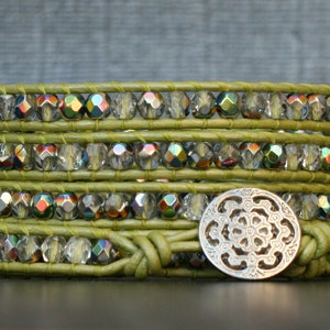 READY TO SHIP wrap bracelet - light green leather and clear iridescent crystal - spring green, pear, green apple - beaded