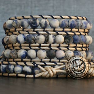 wrap bracelet sodalite on pearl white leather blue, white and silver sailor bracelet mens bracelet image 3