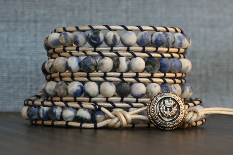 wrap bracelet sodalite on pearl white leather blue, white and silver sailor bracelet mens bracelet image 3