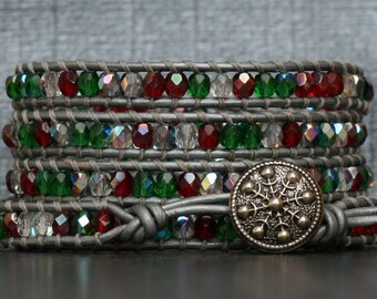 christmas wrap bracelet- red and green on silver leather- holiday jewelry - winter fashion - bohemian snowflake button