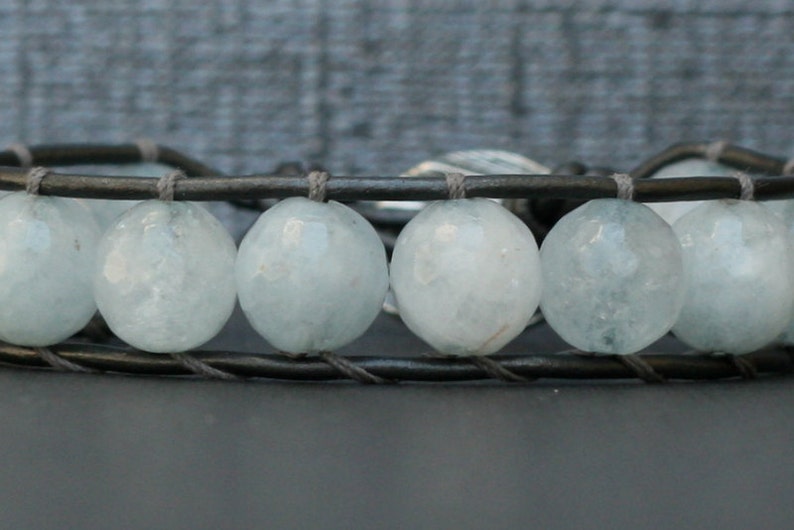 aquamarine bracelet single wrap bangle on pewter leather boho gypsy bohemian beach jewelry light blue image 3