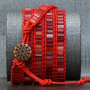 wrap bracelet fire dance tile beads on red leather orange pink gypsy bohemian boho hot colors image 4