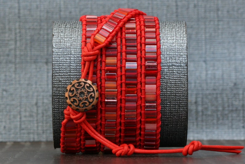 wrap bracelet fire dance tile beads on red leather orange pink gypsy bohemian boho hot colors image 4